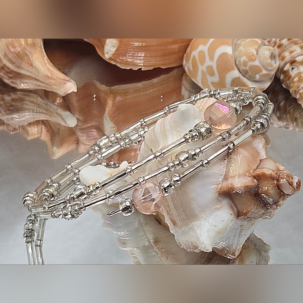 Elegant Silver And Pink Faceted Crystal Beaded Bracelet